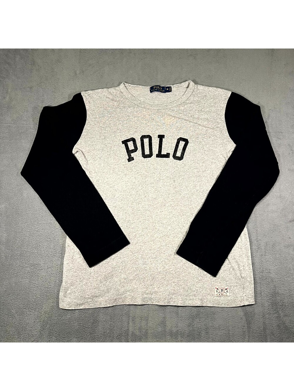Polo Ralph Lauren T-Shirt Gray Black Mens Medium Raglan Long Sleeve Streetwear